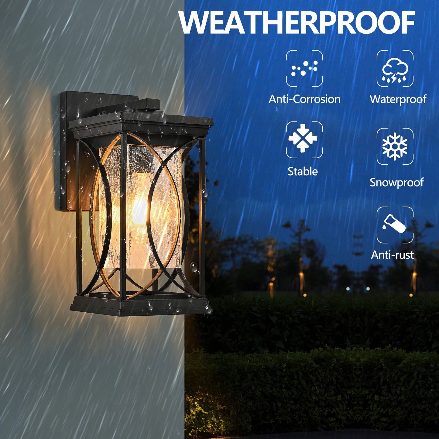 Black Outdoor Wall Lantern with Crackled Glass,Weather-Resistant Exterior,Modern Decorative Wall Sconce with E26 Base (No Bulb)