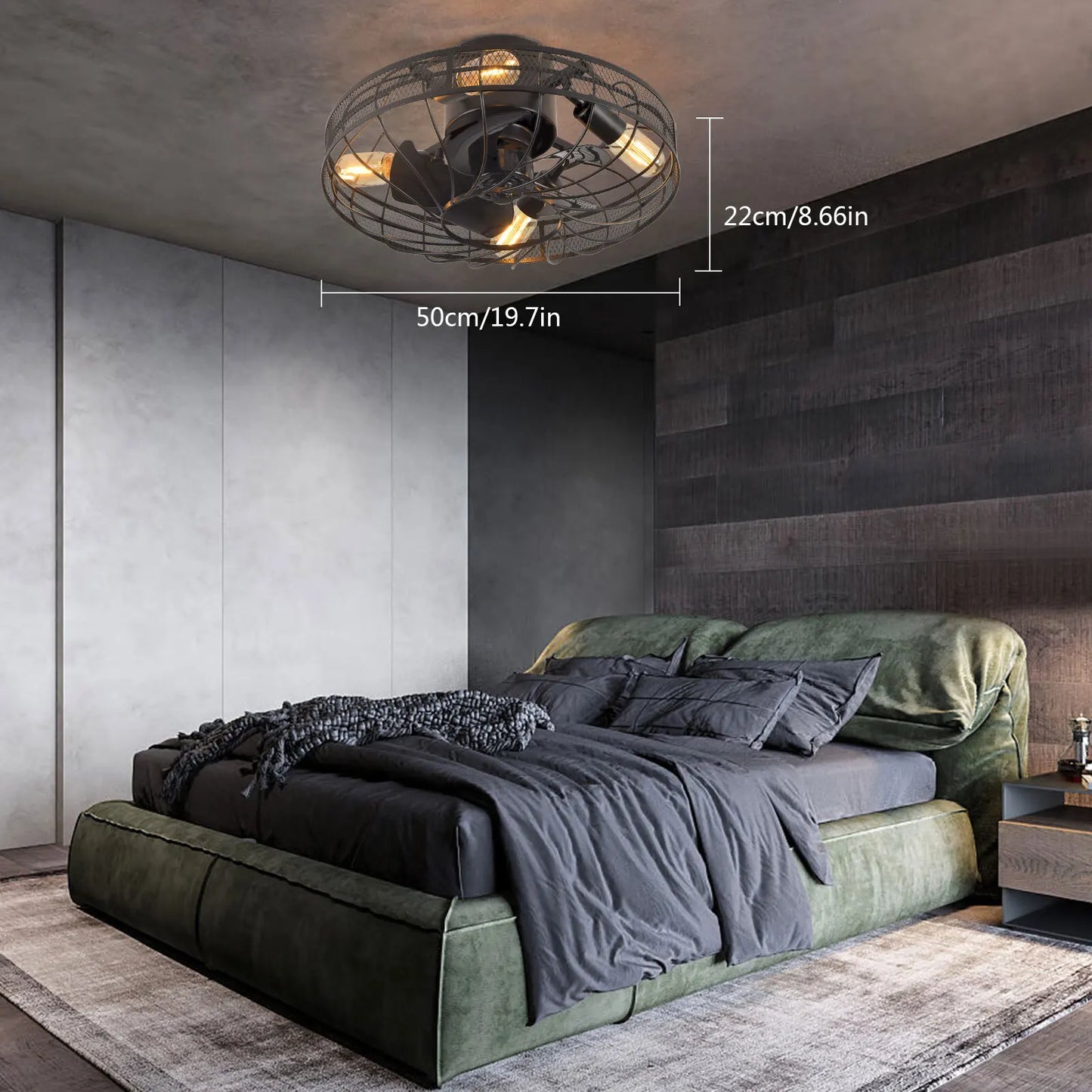 20'' E26 Rustic Caged Ceiling Light Fan Farmhouse Flush Mount Chandelier 1/2/4H Timing Control