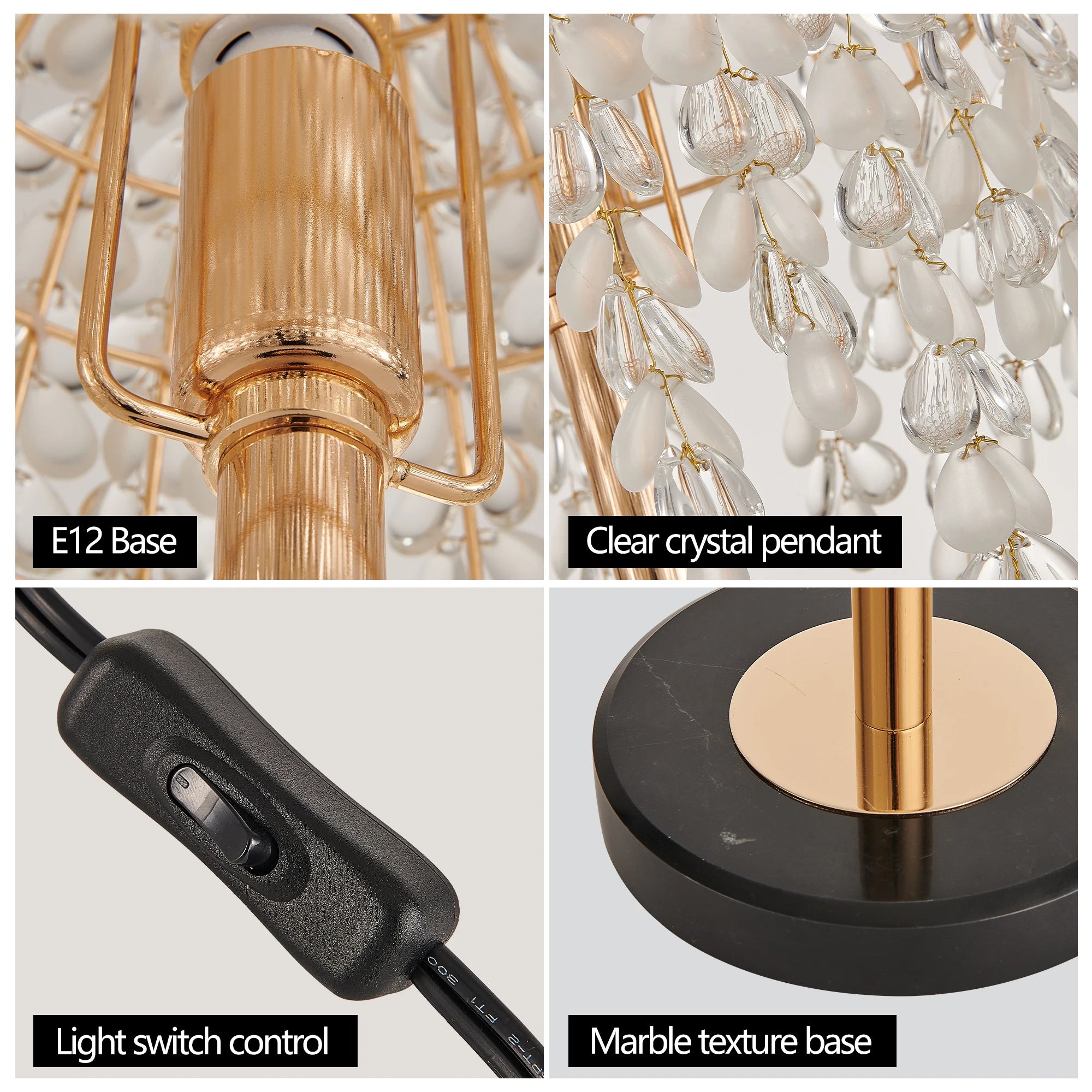 19"Elegant Crystal Table Lamp Vintage Waterfall Design with Crystal Bead String Shades and Marble Textured Base(No Bulb)