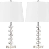 Bedside Table Lamp Set of 2 w/Off-White Drum Shade 23" Modern Clear Stacked Crystal Ball Nightstand for Bedroom Collection