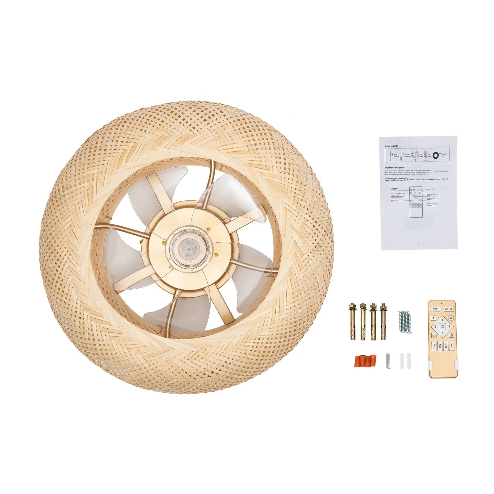 50cm/20'' Farmhouse Boho Rattan Woven Bamboo Ceiling Fan 110V With Light & Remote Control