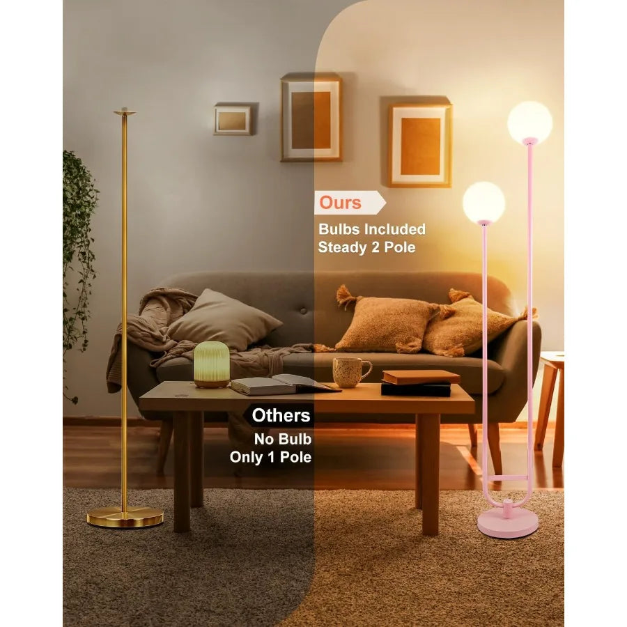 63IN Pink Floor Lamp Modern Mid Century Globe Standing Lamps with 3000K LED Bulbs Candle Holder Style Unique Vintage Tall Floor