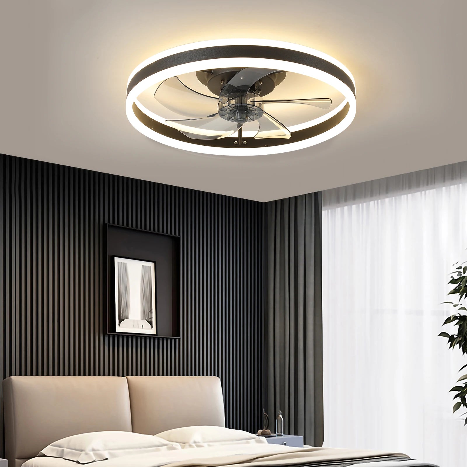 ARLGSITE Low Profile Ceiling Fans with Lights and Remote, Fandelier Ceiling Fan Flush Mount，Black Modern Smart Ceiling Fans