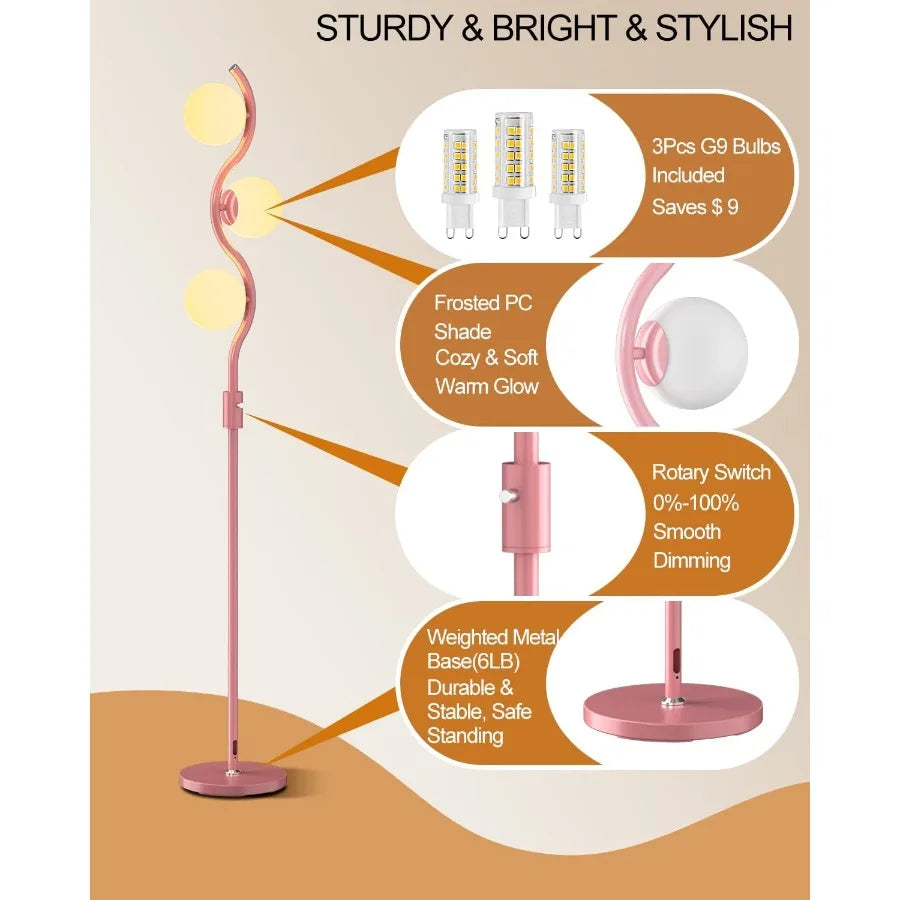 60IN Dimmable Pink Floor Lamp with Stepless Dimming Feature and 3Pcs G9 3000K Warm White Bulbs Modern Mid Century Style Standin