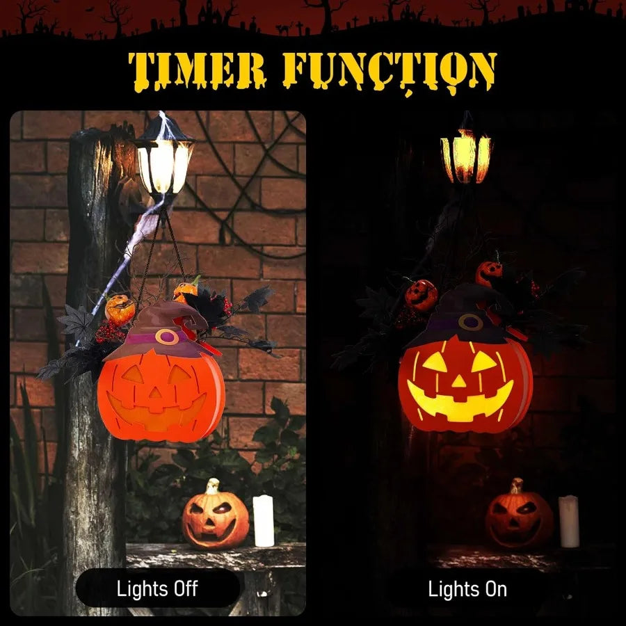 10 inch Lighted Big JackOLantern with Maple Leaves Berries Twigs Witch's Hat BatteryOperated Premium Wood Pumpkin with Timer fo