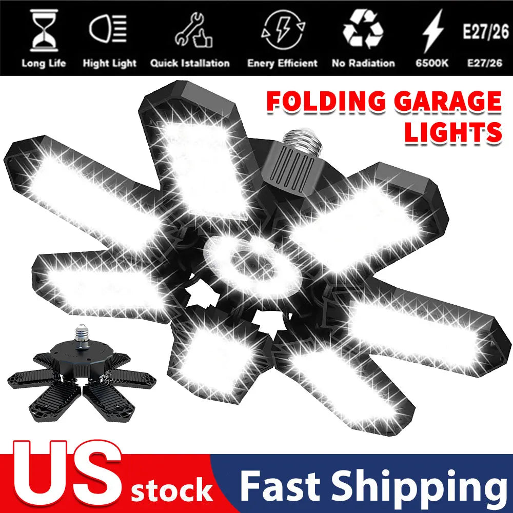 Deformable Ceiling Lighting LED Garage Lights Bulb, 6500K Shop Light With 7+1 Adjustable Panels LED Garage Lighting Basement Bar