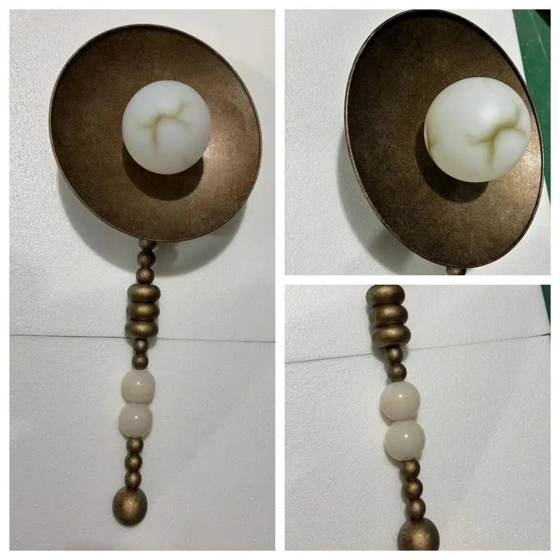 American Retro Old Gold Round Wall Light Loft Handmade Long Sconce Personality Living Room Lobby Hotel Villa Wooden LED Lighting