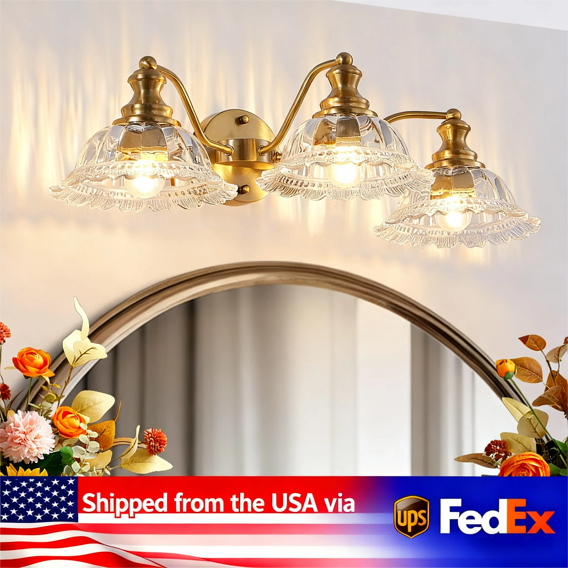 24 Inch 3-Light Vintage Bathroom Wall Sconce – Elegant Golden Metal and Glass Lampshade Vanity Light Fixture (No Bulb)