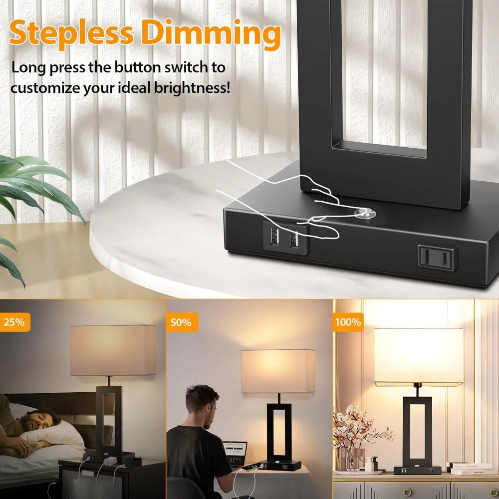3-Way Dimmable Touch Control Black Table Lamps with USB Ports and AC Outlet, Ideal for Living Room, Bedroom, and Bedside Use