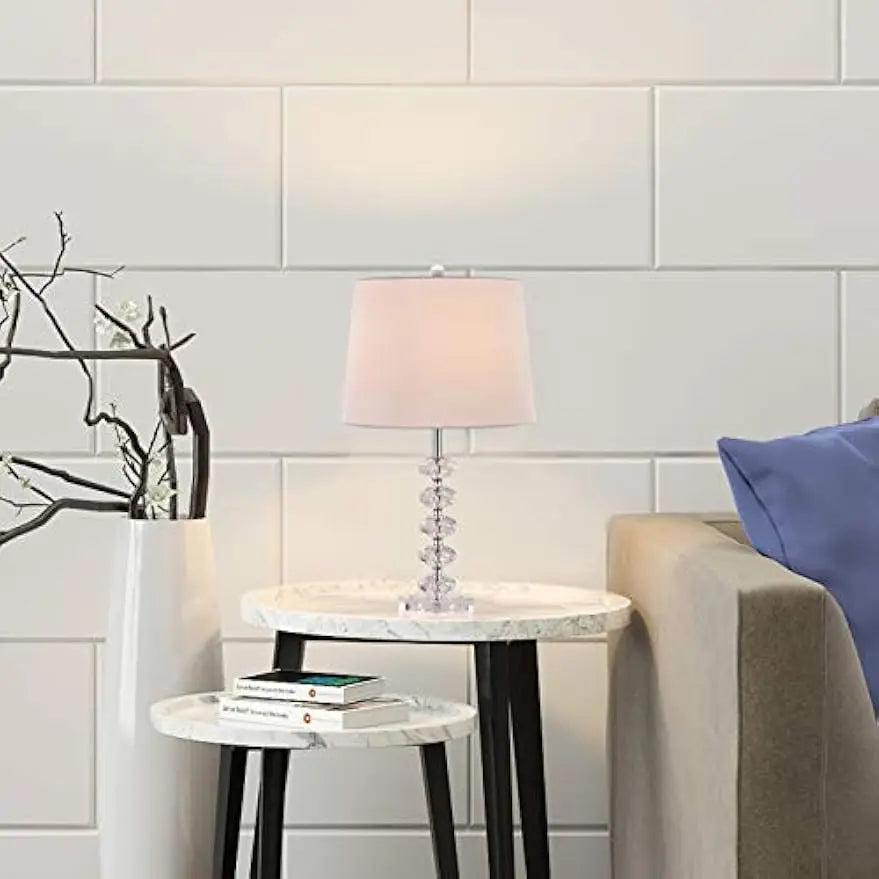 Bedside Table Lamp Set of 2 w/Off-White Drum Shade 23" Modern Clear Stacked Crystal Ball Nightstand for Bedroom Collection