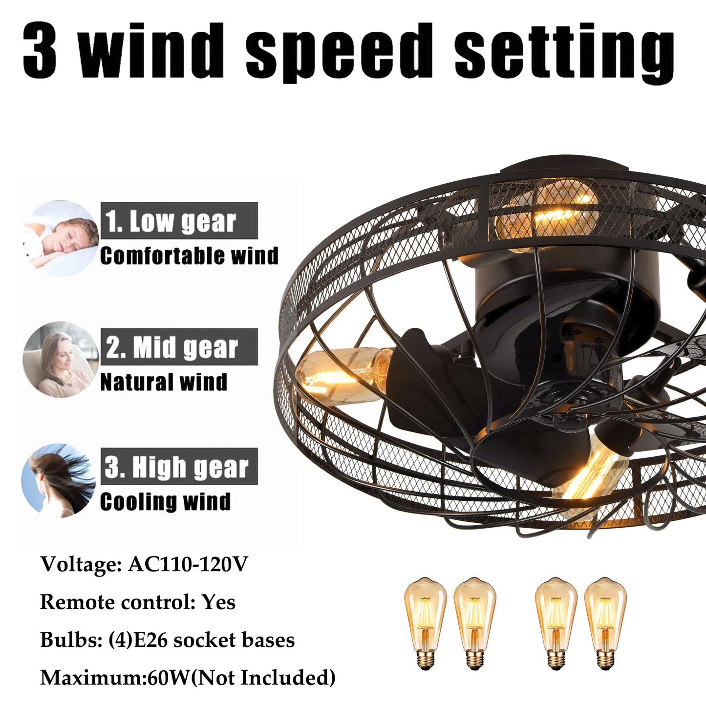 20'' E26 Rustic Caged Ceiling Light Fan Farmhouse Flush Mount Chandelier 1/2/4H Timing Control