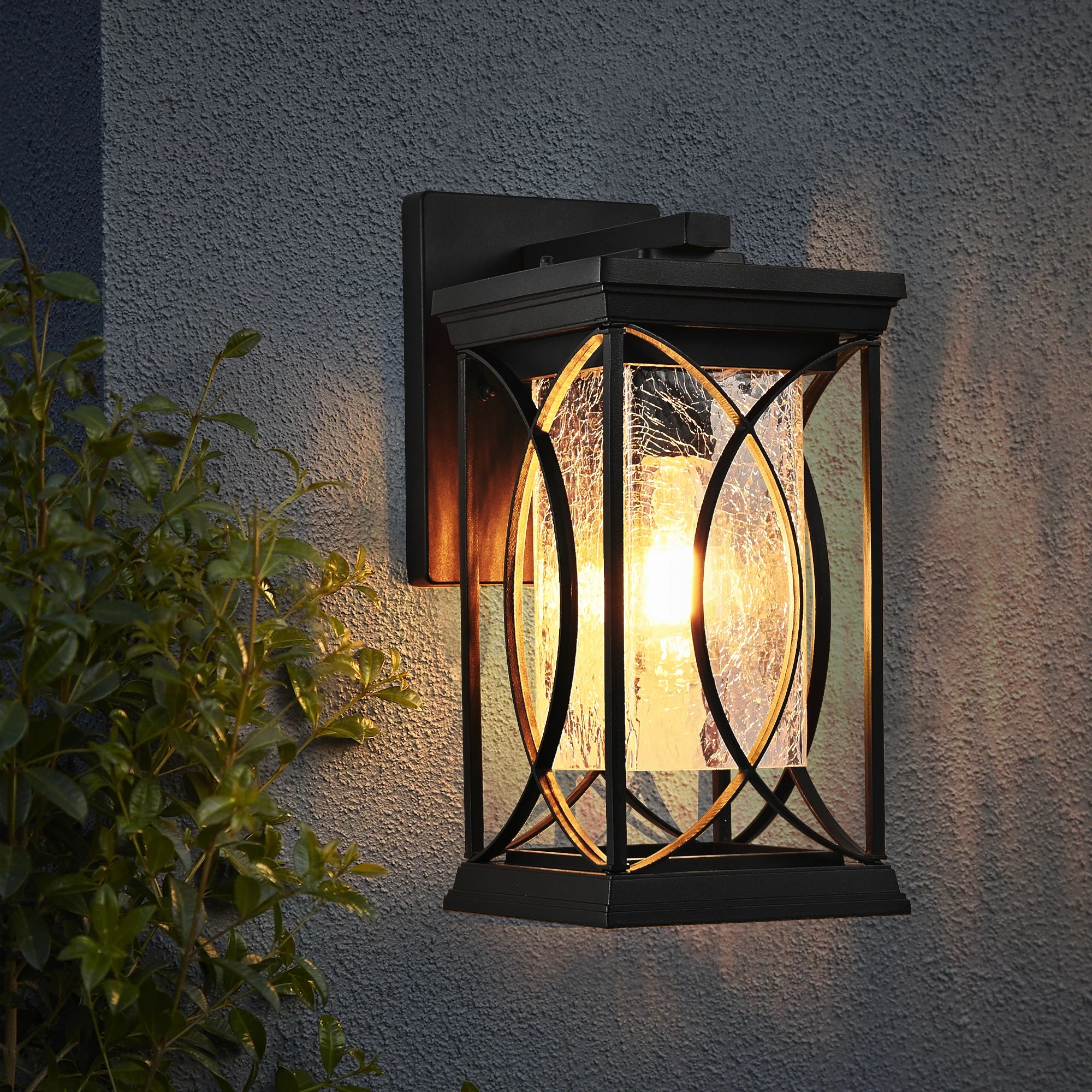 Black Outdoor Wall Lantern with Crackled Glass,Weather-Resistant Exterior,Modern Decorative Wall Sconce with E26 Base (No Bulb)
