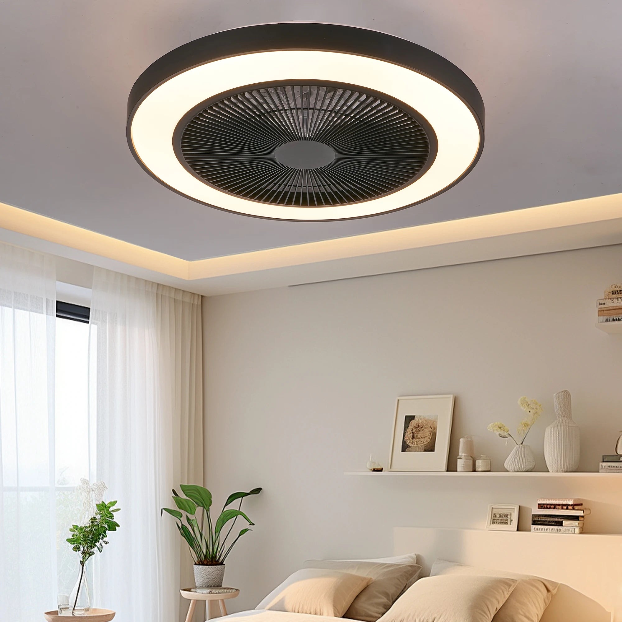 19" LED Ceiling Fan Light Smart RGB Lights with Remote & APP Control Black Kit Flush Mount Enclosed Bladeless Ceiling Fan