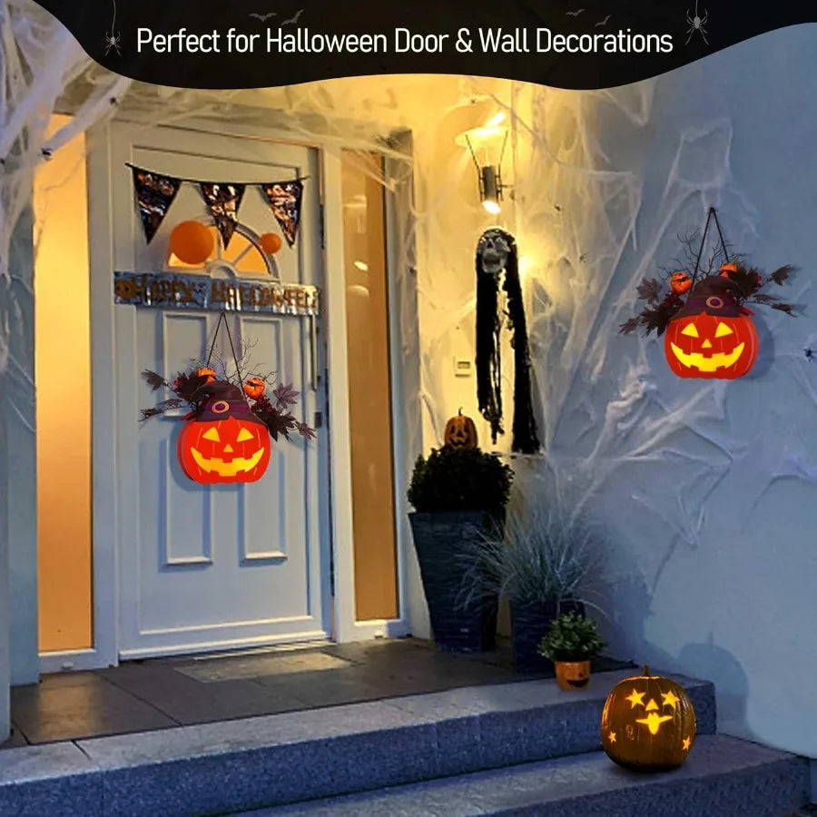 10 inch Lighted Big JackOLantern with Maple Leaves Berries Twigs Witch's Hat BatteryOperated Premium Wood Pumpkin with Timer fo
