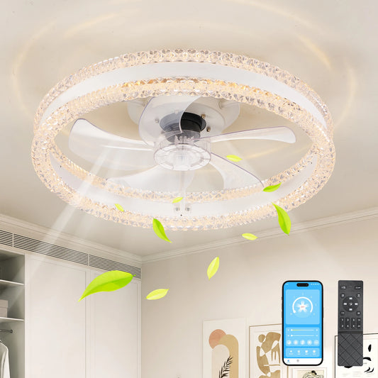 20" Luxury Double Ring LED Ceiling Fan with Light,Modern Flush Mount Design, Dimmable Lighting , Low Profile Silent Fan(White)