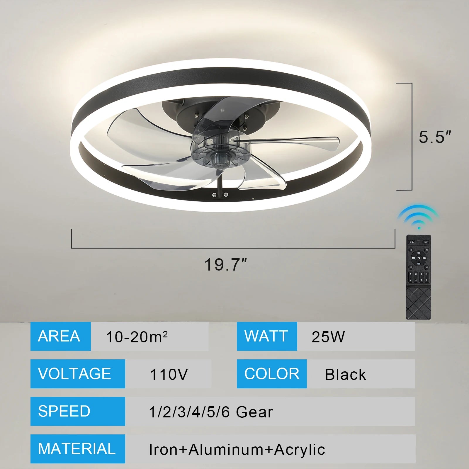 ARLGSITE Low Profile Ceiling Fans with Lights and Remote, Fandelier Ceiling Fan Flush Mount，Black Modern Smart Ceiling Fans