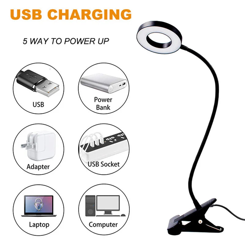 LED Ring Clamp Lamp 3-Level Color Temperature Adjustable USB 360° Rotatable Gooseneck for Nail Reading Desk Eye Protection Light