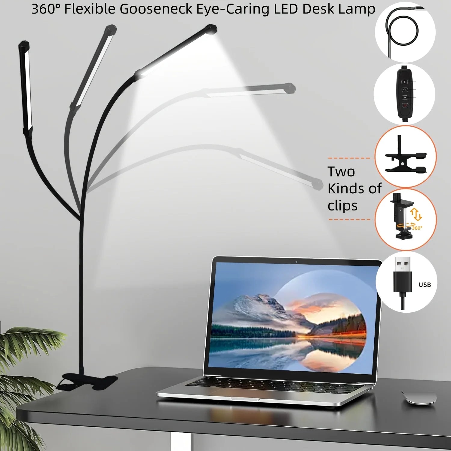 10W LED Desk Lamp with Clamp Dimmable Clip On Reading Light 10 Brightness Level 3 Lighting Modes Flexible Study Table Lamp USB