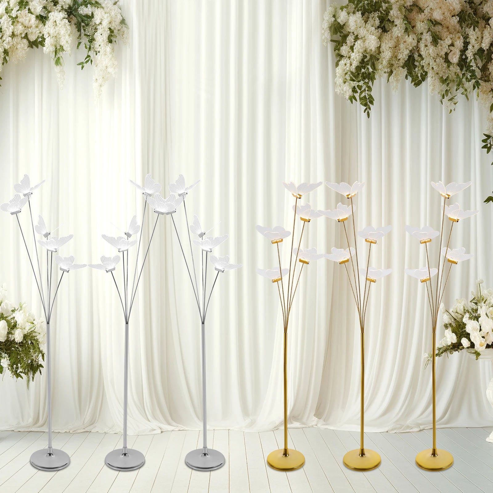 110V 3Pcs Gold/Silver LED Butterfly Standing Lights, Freestanding Landscape Atmos0phere Lamp For Weddings, Parties, Stages, etc