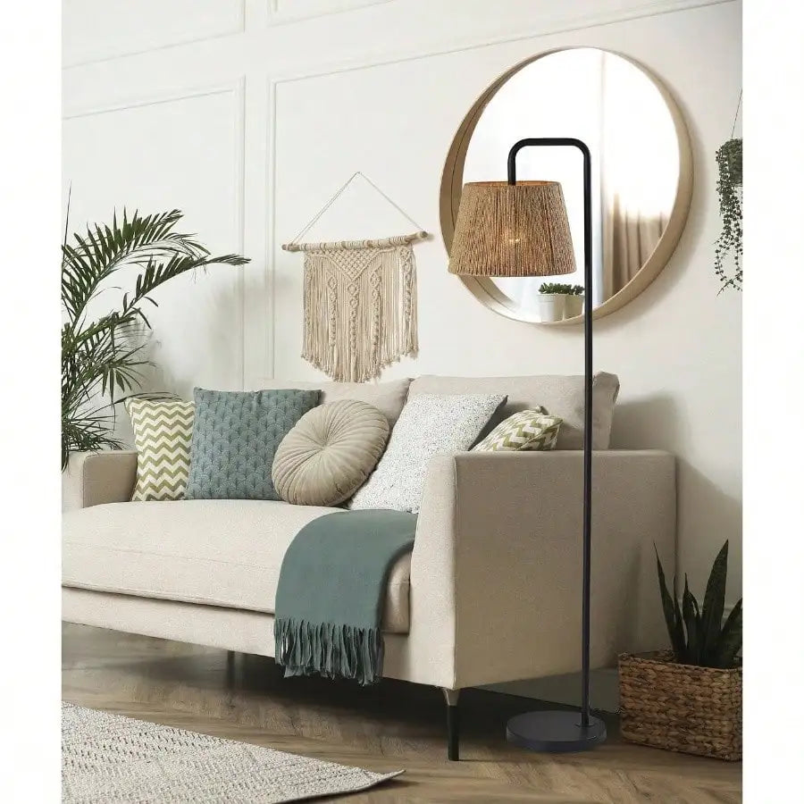 Black Metal Floor Lamp with Rope Shade Transitional Styling for Office and Dorms New