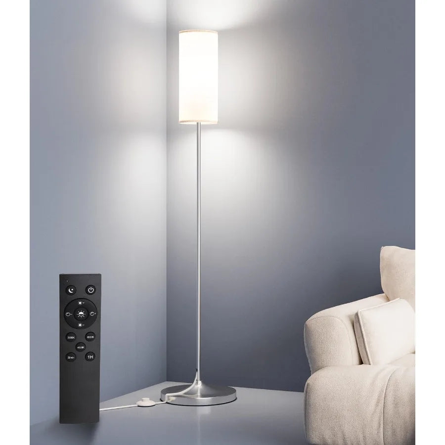 Dimmable LED Floor Lamp with Foot Switch and Remote Control for Living Room Bedroom Office and Kid Room Silver Pole Design with