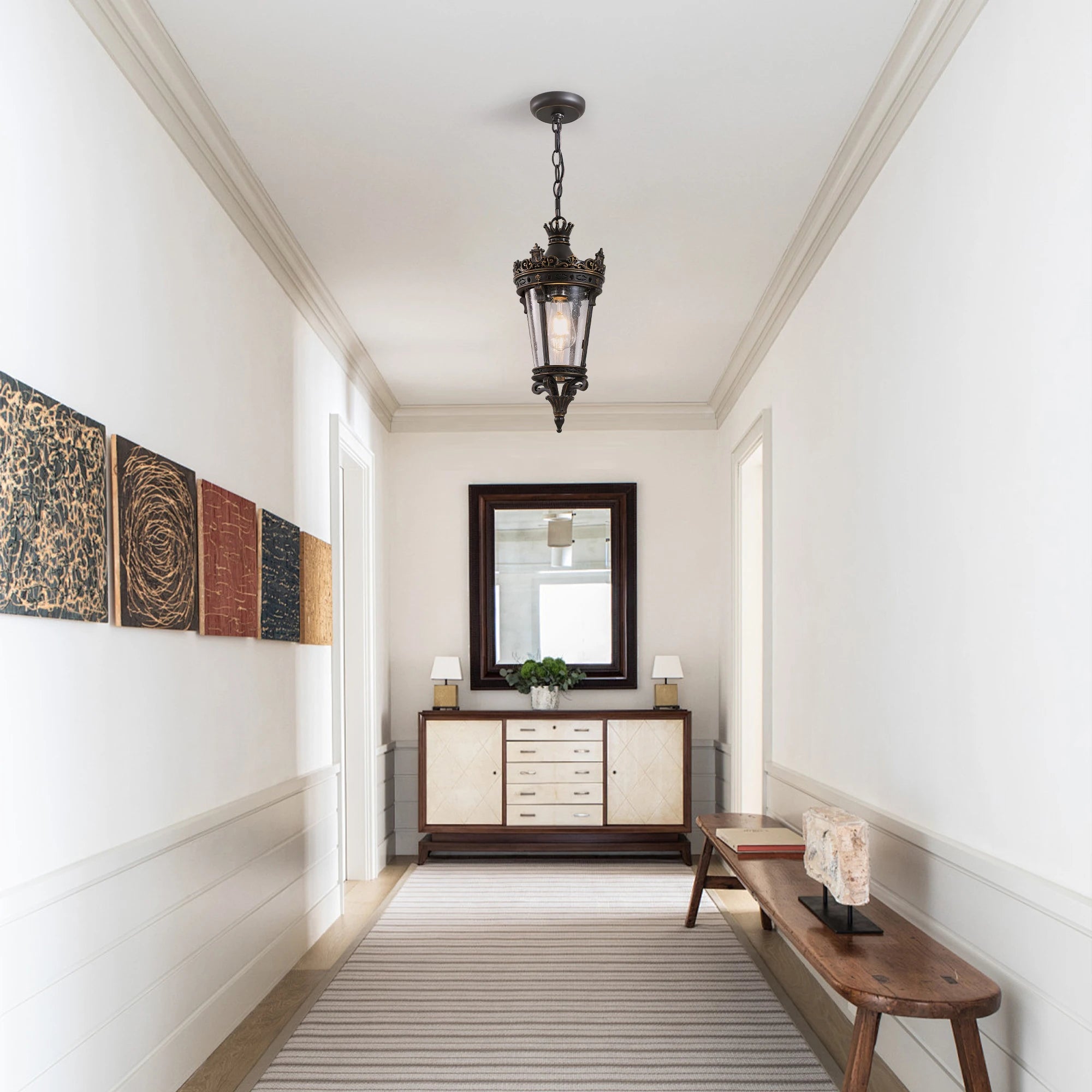 Antique Crown Outdoor Hanging Lantern, Waterproof Vintage Pendant Light with Ornate Metal Design and Clear Glass (No bulb)