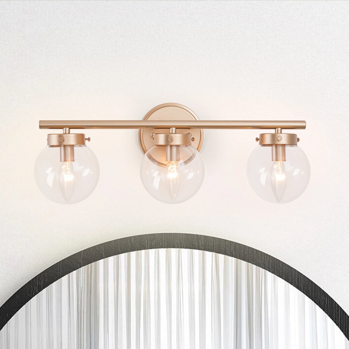 3-Light Brushed Gold Vanity Light, Modern Wall Sconces with Clear Glass Globe Shade, Bathroom Wall Lights for Mirror Kitchen Bed