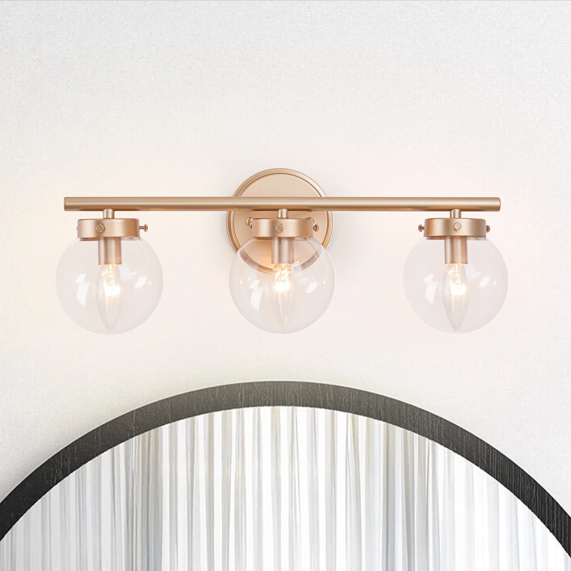 3-Light Brushed Gold Vanity Light, Modern Wall Sconces with Clear Glass Globe Shade, Bathroom Wall Lights for Mirror Kitchen Bed