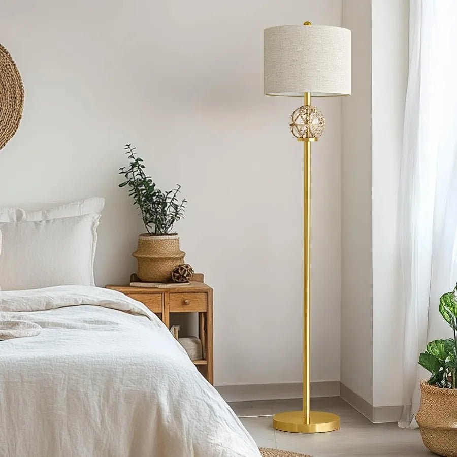 61.5 Modern Floor Lamp for Living Room Gold Boho Standing Lamp with Rattan Glass Design Rotary Switch Farmhouse Tall Lamps for