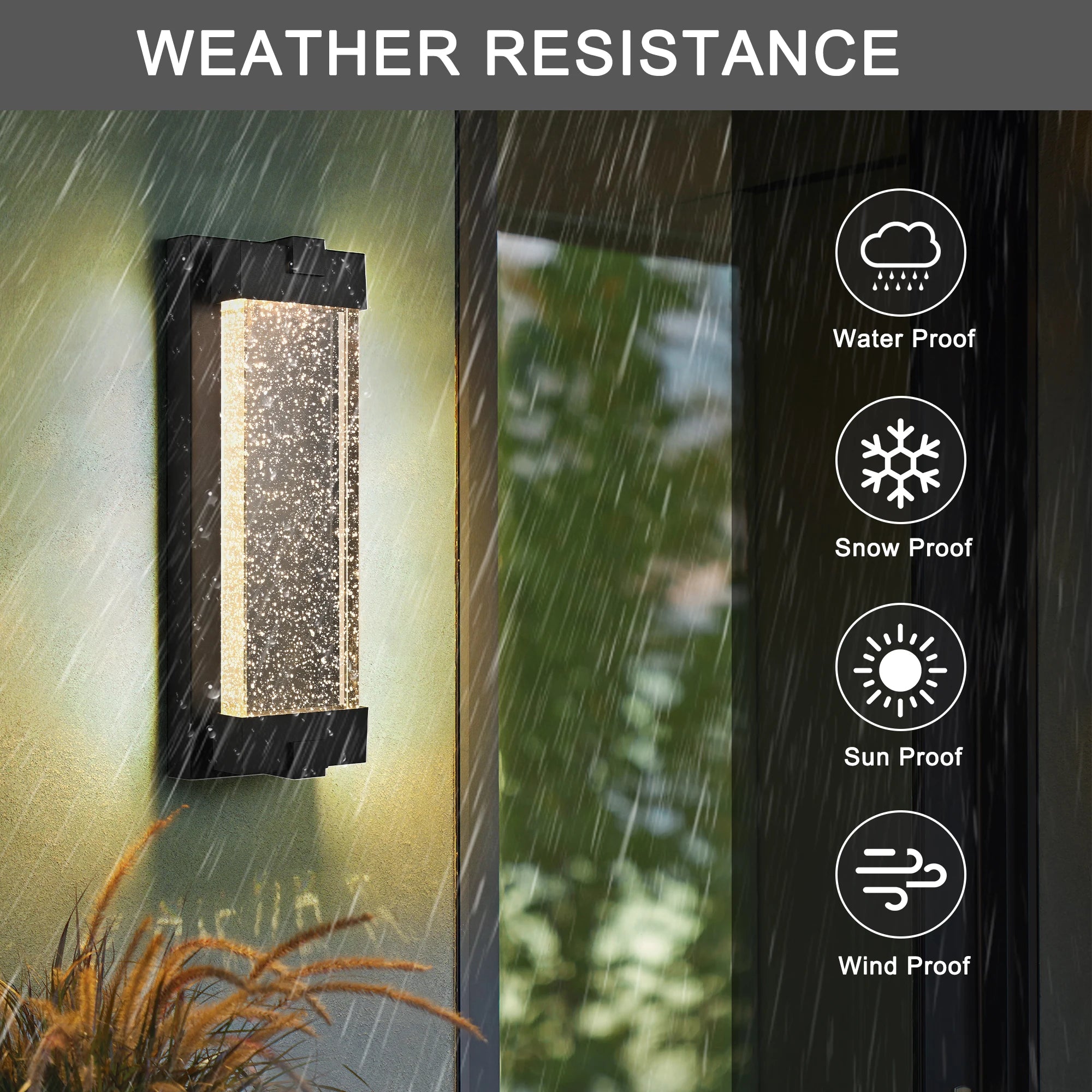 Black Aluminum Finish Outdoor Wall Light with Bubble Crystal Glass, LED Light Source, 3000K Warm Light, Weatherproof