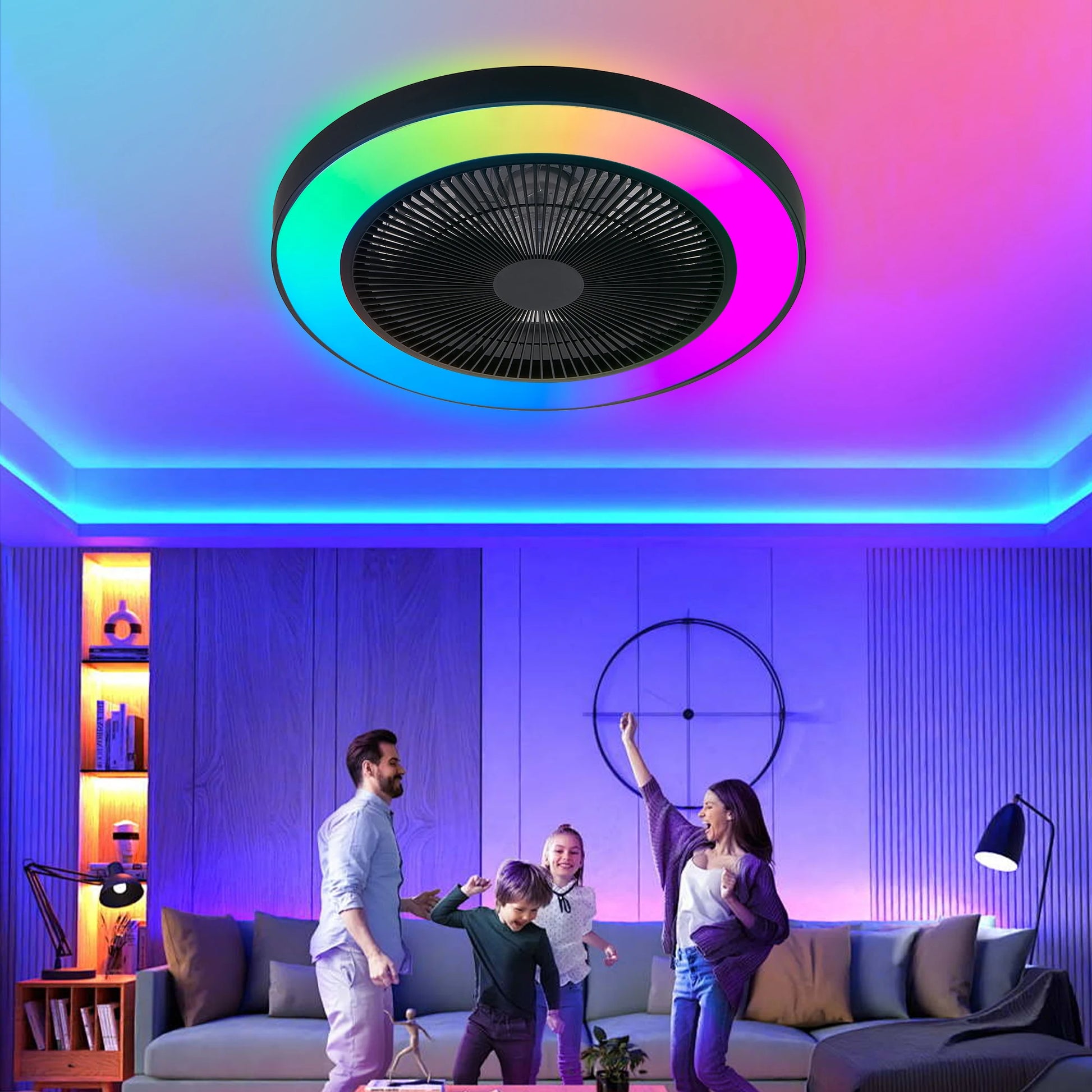 19" LED Ceiling Fan Light Smart RGB Lights with Remote & APP Control Black Kit Flush Mount Enclosed Bladeless Ceiling Fan