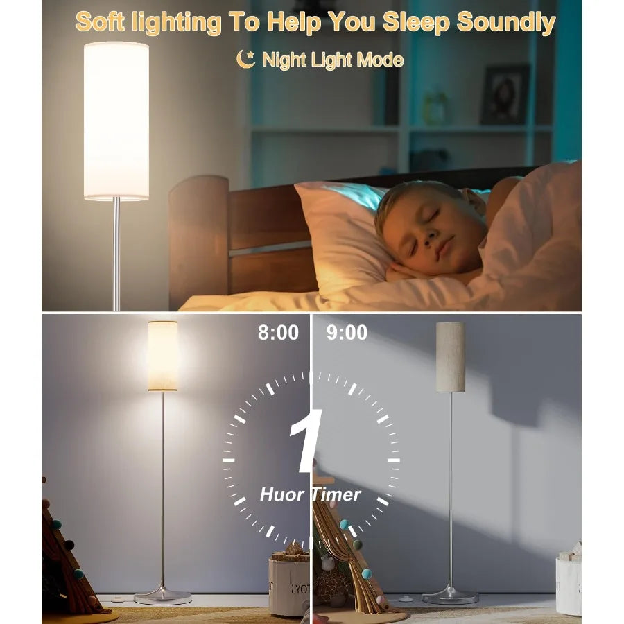 Dimmable LED Floor Lamp with Foot Switch and Remote Control for Living Room Bedroom Office and Kid Room Silver Pole Design with