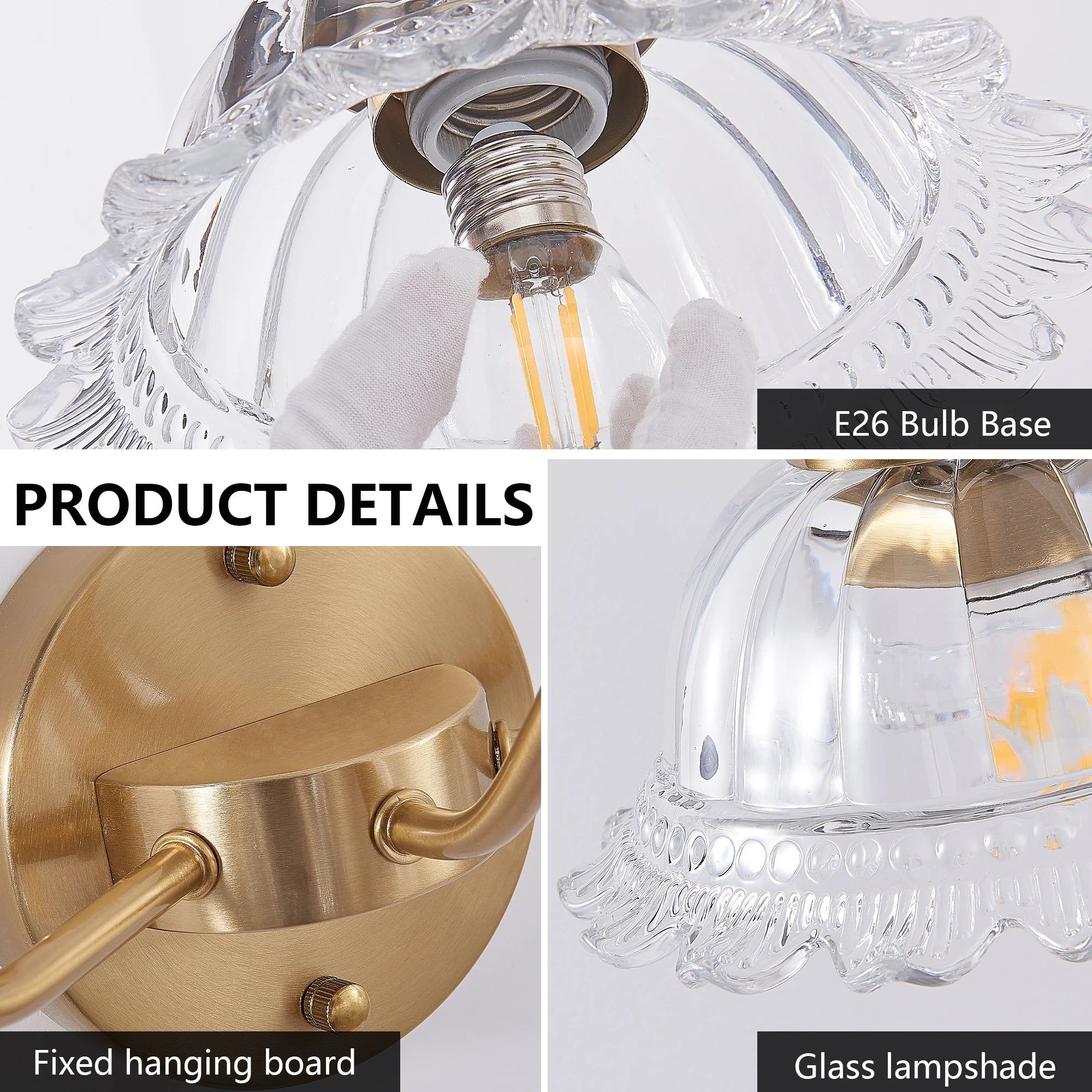 24 Inch 3-Light Vintage Bathroom Wall Sconce – Elegant Golden Metal and Glass Lampshade Vanity Light Fixture (No Bulb)