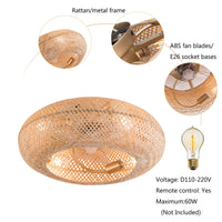 50cm/20'' Farmhouse Boho Rattan Woven Bamboo Ceiling Fan 110V With Light & Remote Control