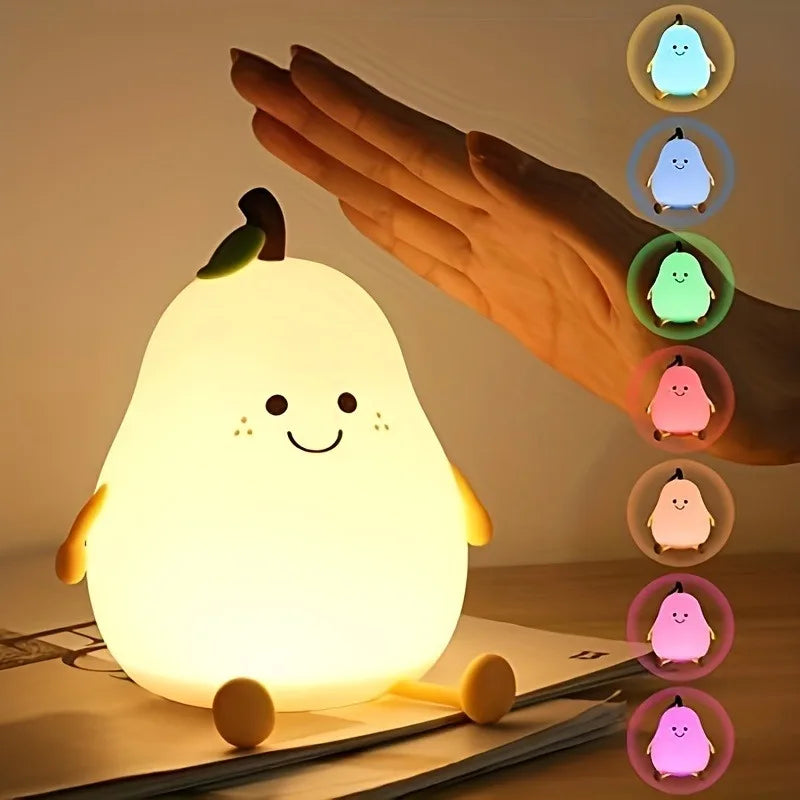 1pc Cute Pear Night Light 7-Color Dimmable Touch-Controlled Night Light Silicone Stress Reducing Pat Lamp USB Rechargeable