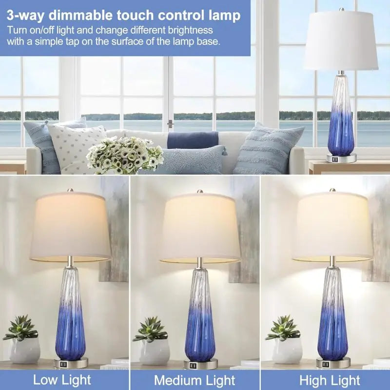 Base Charging Glass Lamp Quality Set Switch Table Table lamp Usb Table Lamps Set of 2 with Touch Control, 3-Way Dimmable Modern
