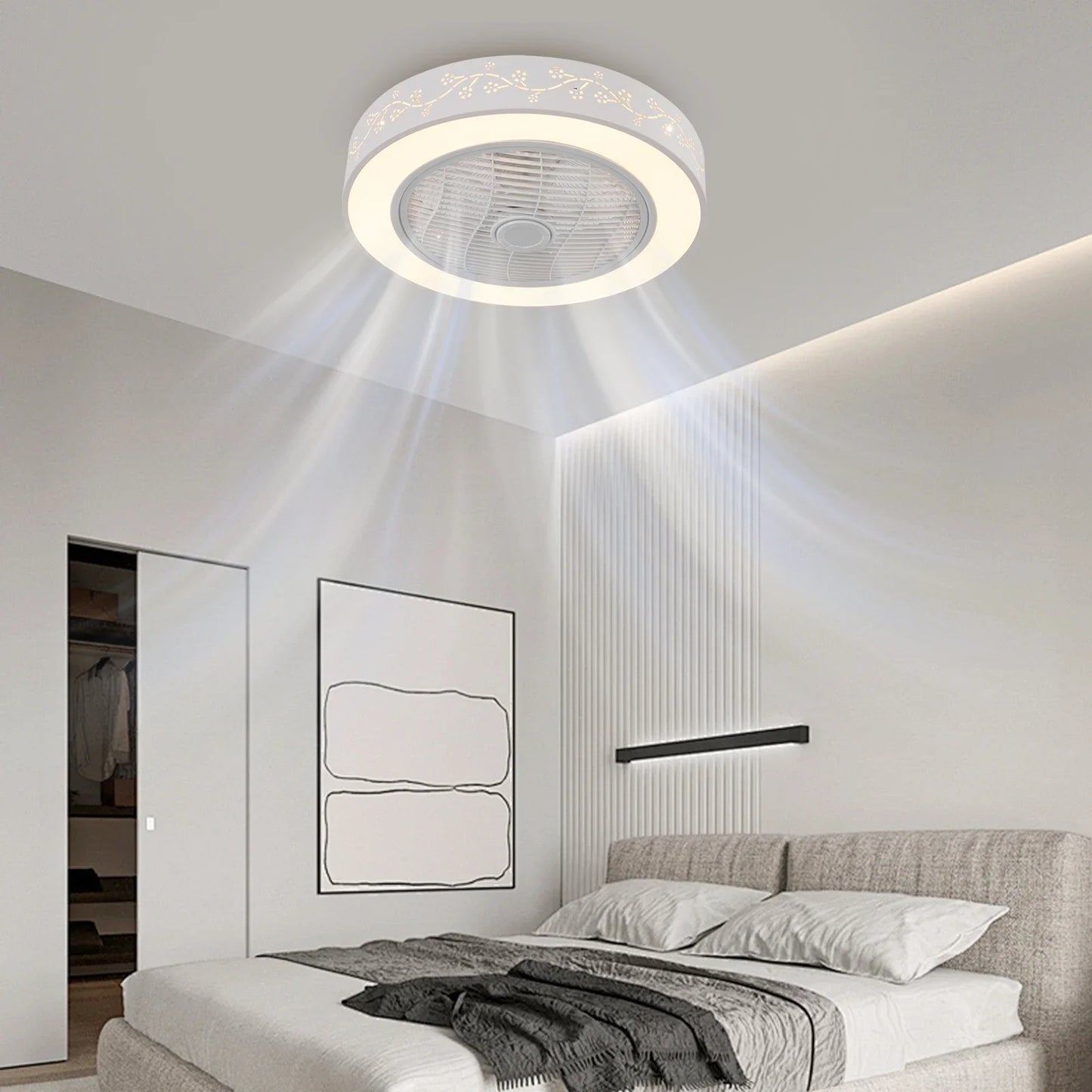 22" Dimmable Pendant Lamp Ceiling Fan with Remote Control 3-Color 6 Speeds Semi Flush Mount Round Invisible LED Fan Chandelier