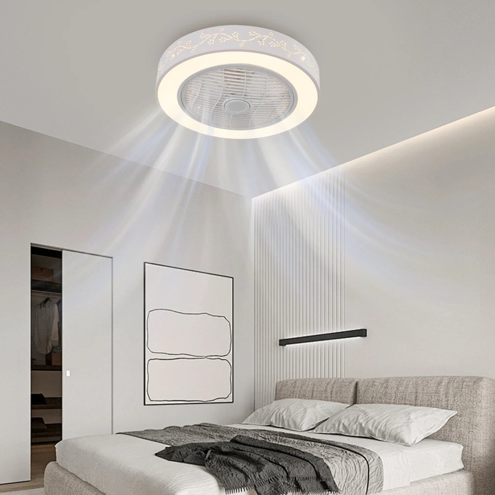 22" Dimmable Pendant Lamp Ceiling Fan with Remote Control 3-Color 6 Speeds Semi Flush Mount Round Invisible LED Fan Chandelier