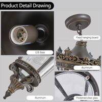 Antique Crown Outdoor Hanging Lantern, Waterproof Vintage Pendant Light with Ornate Metal Design and Clear Glass (No bulb)