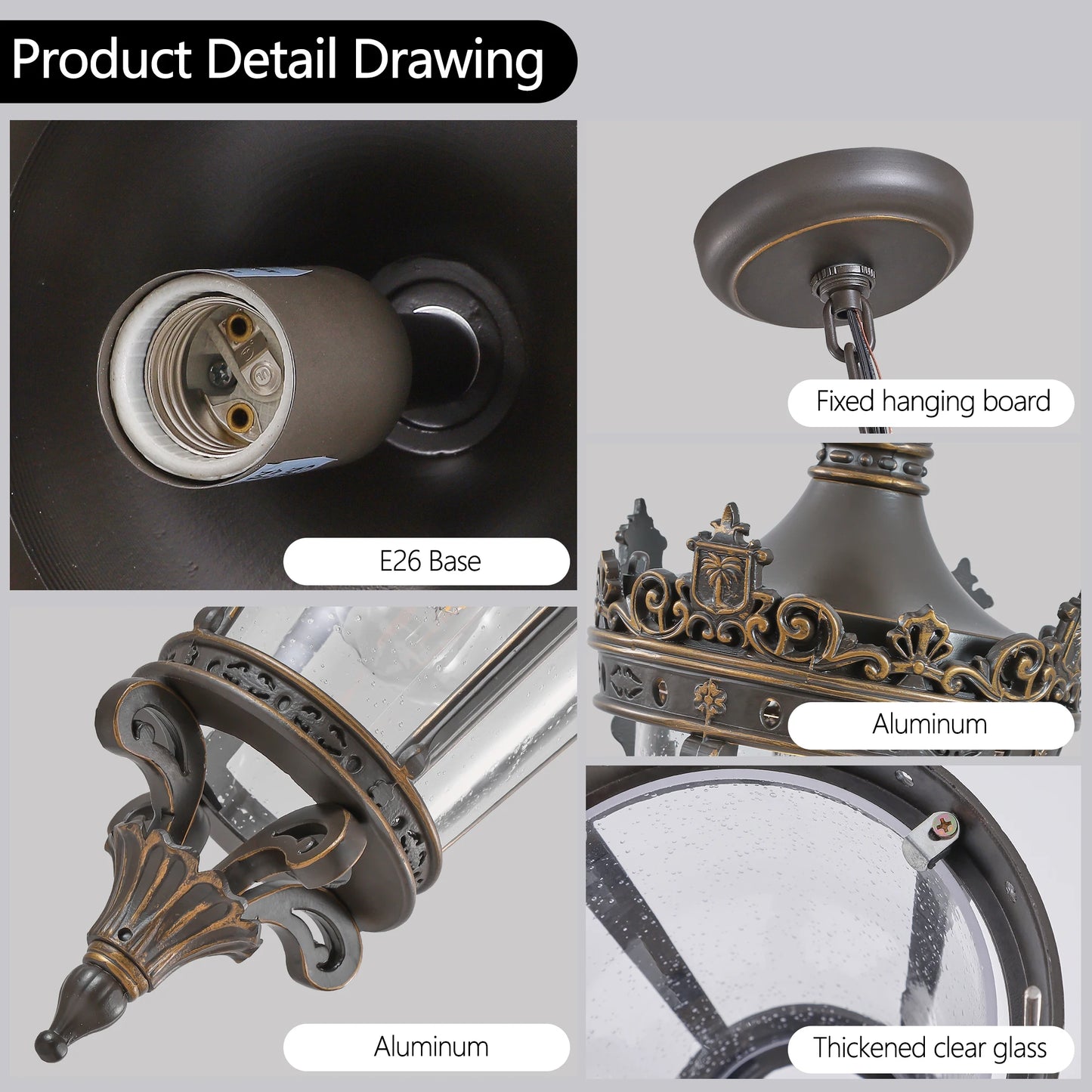 Antique Crown Outdoor Hanging Lantern, Waterproof Vintage Pendant Light with Ornate Metal Design and Clear Glass (No bulb)