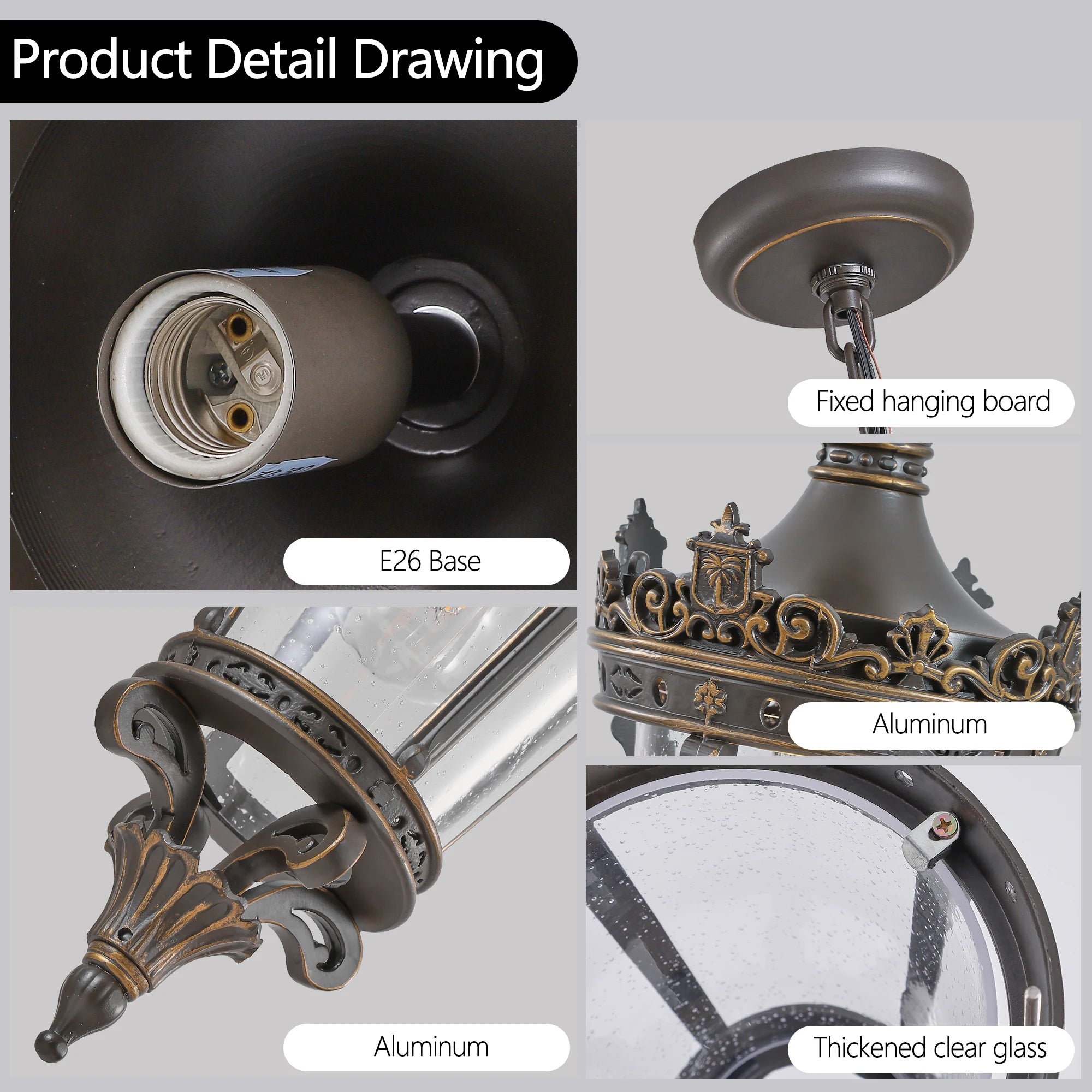 Antique Crown Outdoor Hanging Lantern, Waterproof Vintage Pendant Light with Ornate Metal Design and Clear Glass (No bulb)