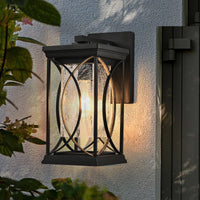 Black Outdoor Wall Lantern with Crackled Glass,Weather-Resistant Exterior,Modern Decorative Wall Sconce with E26 Base (No Bulb)