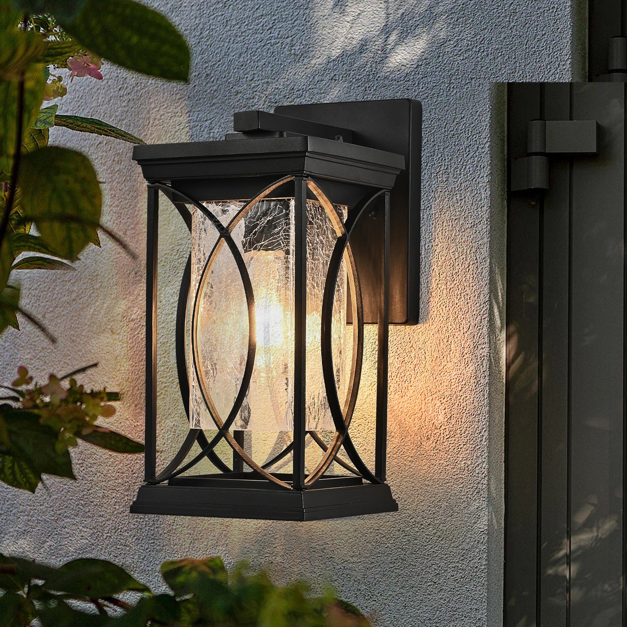 Black Outdoor Wall Lantern with Crackled Glass,Weather-Resistant Exterior,Modern Decorative Wall Sconce with E26 Base (No Bulb)