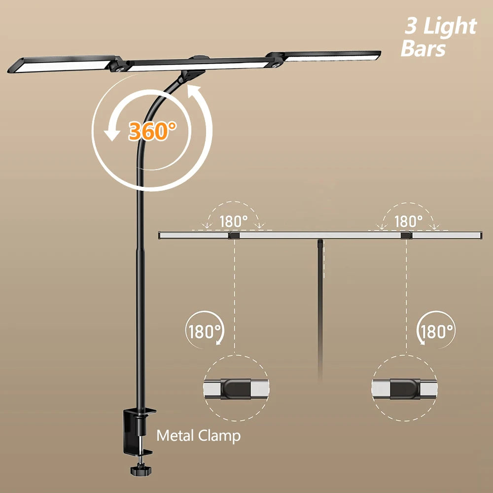 16W LED Desk Lamp for Office Eye-Caring Desk Light with Stepless Dimming Adjustable Flexible Gooseneck 3 Head Foldable Desk Lamp