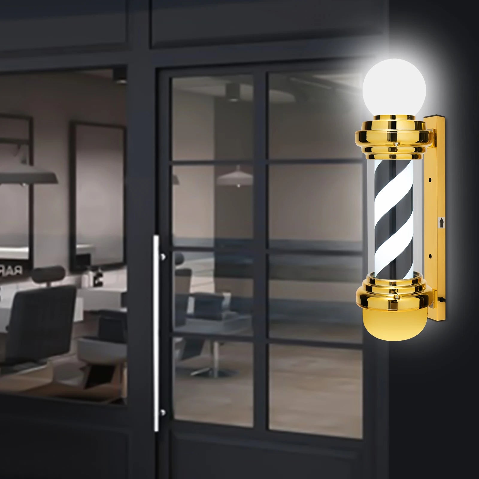 Golden Black White Rotating Barber Pole Light - 68cm LED Salon Open Sign - Wall Mount Hairdresser Decor for Salon & Barber Shop
