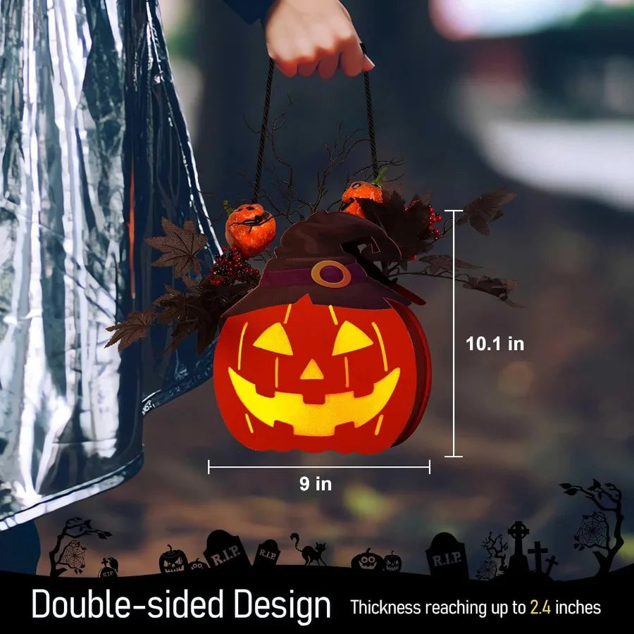 10 inch Lighted Big JackOLantern with Maple Leaves Berries Twigs Witch's Hat BatteryOperated Premium Wood Pumpkin with Timer fo