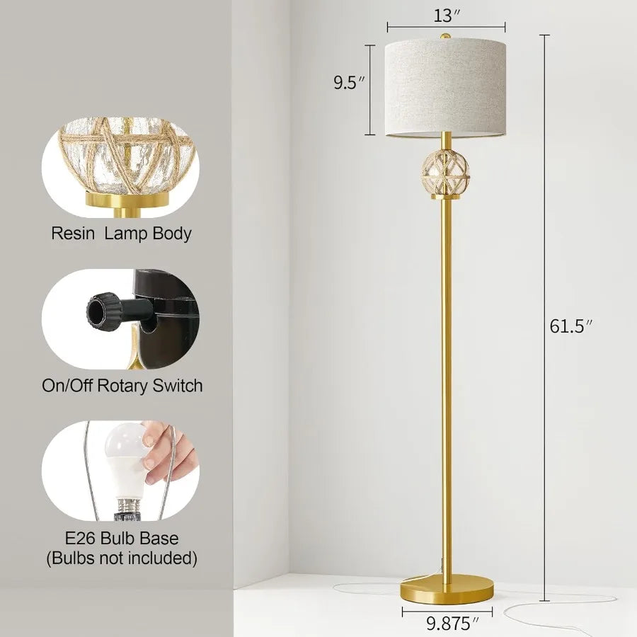 61.5 Modern Floor Lamp for Living Room Gold Boho Standing Lamp with Rattan Glass Design Rotary Switch Farmhouse Tall Lamps for