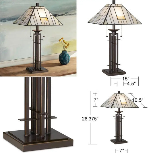 Art Deco Tiffany Style Table Lamp, 26.25 High Wrought Iron, Dark Bronze Brown Gold Stained Glass, White Accents, Mission Style D