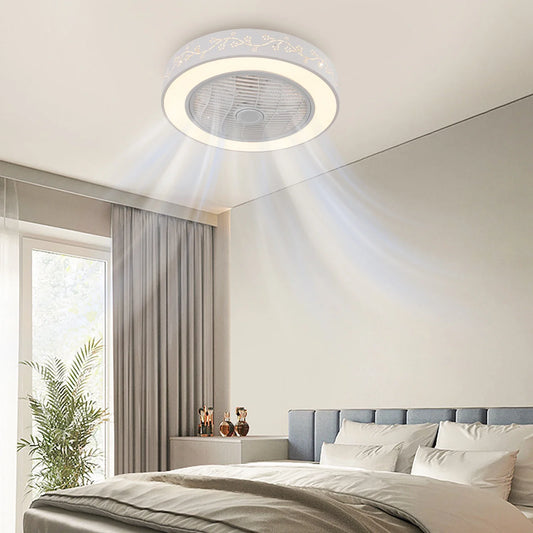 22" Dimmable Pendant Lamp Ceiling Fan with Remote Control 3-Color 6 Speeds Semi Flush Mount Round Invisible LED Fan Chandelier